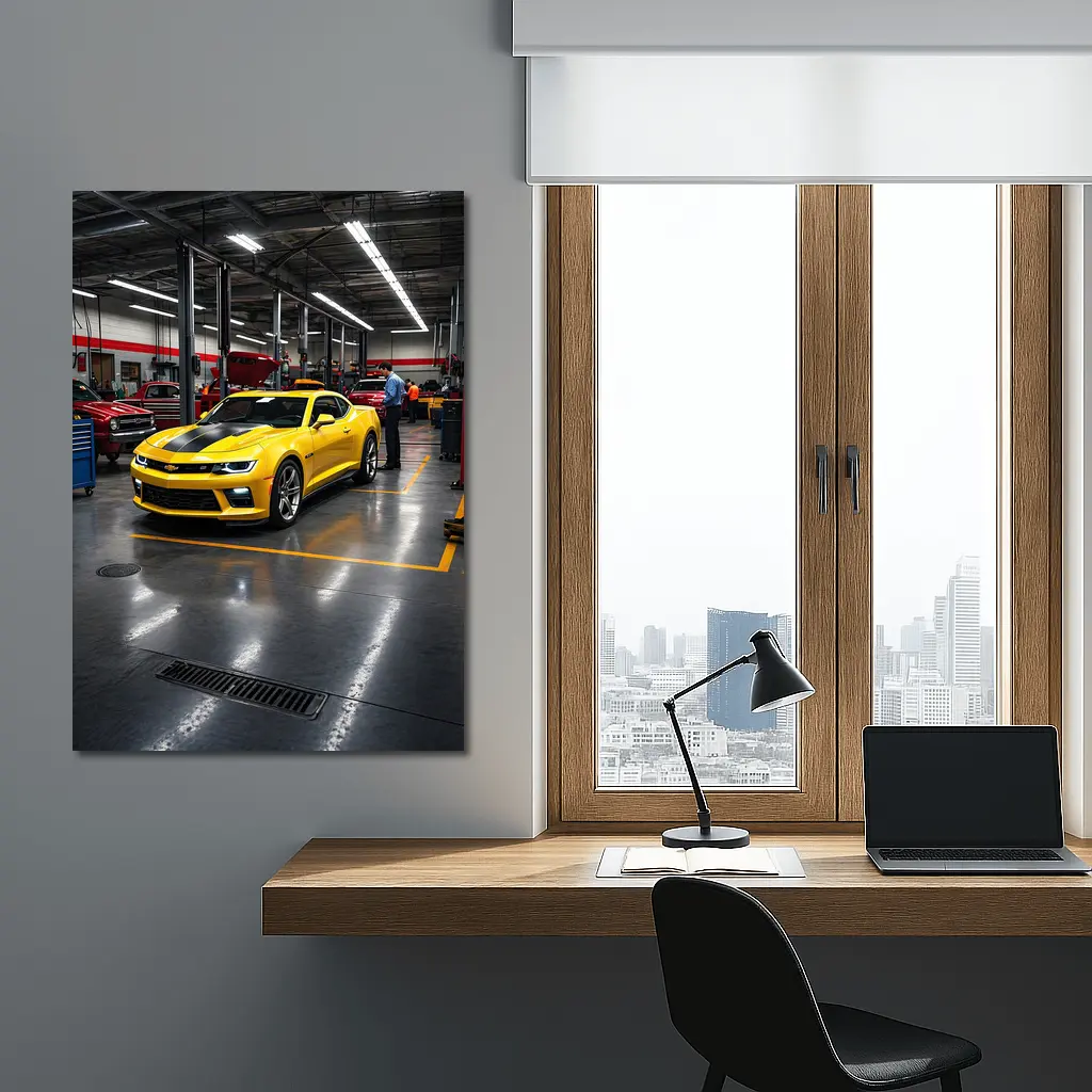 Yellow Chevrolet Camaro Inside Auto Service Shop – Wall Art