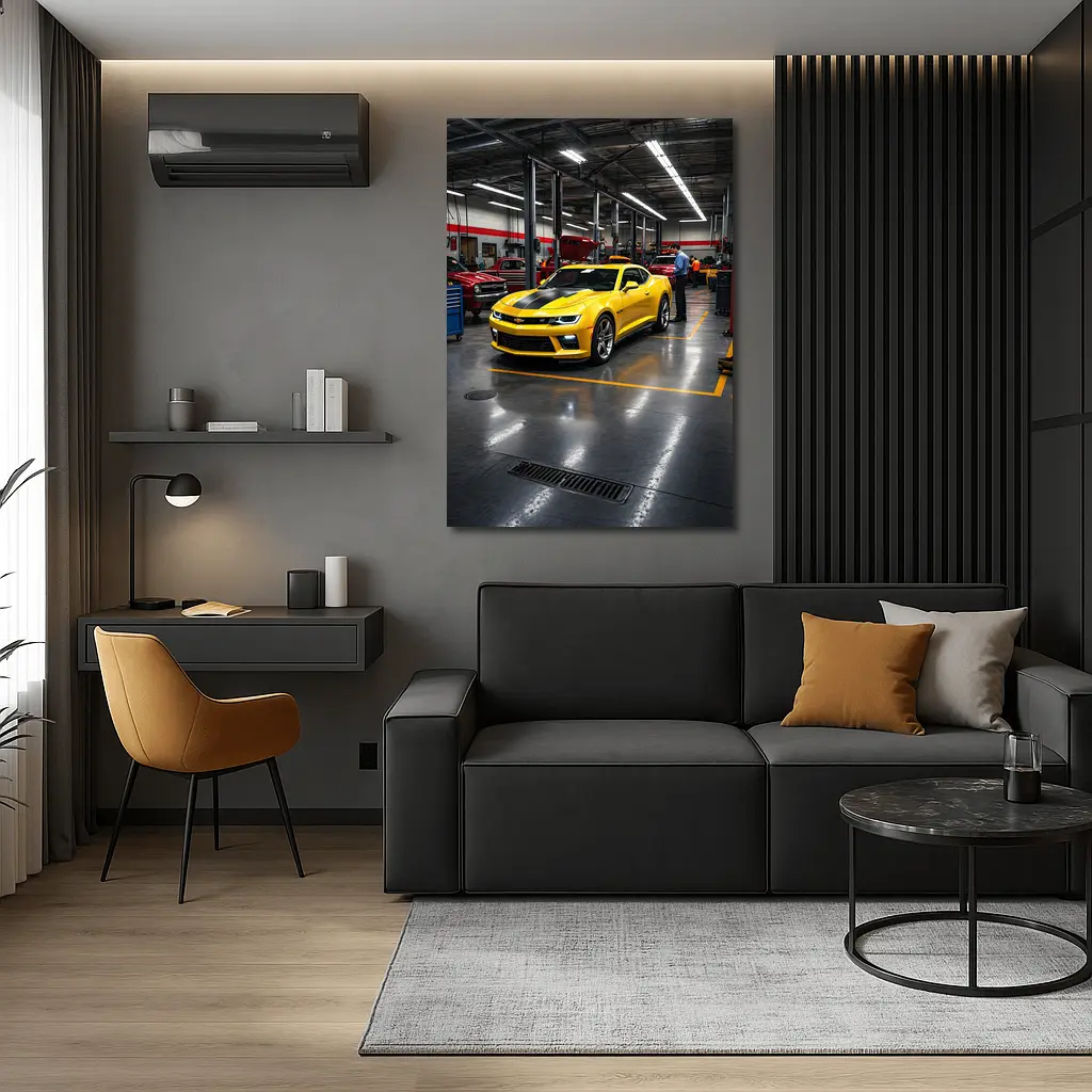 Yellow Chevrolet Camaro Inside Auto Service Shop – Wall Art