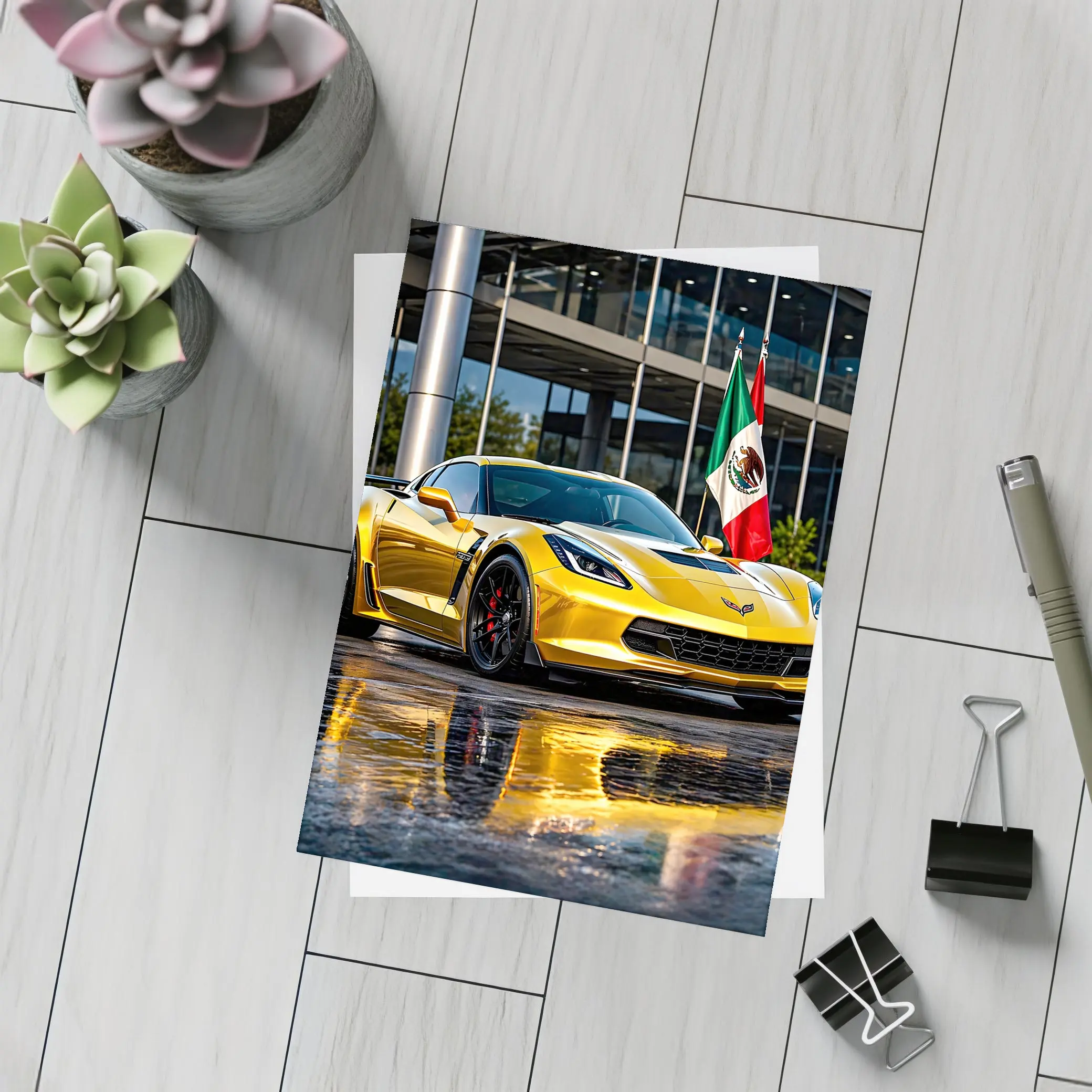 Yellow Chevrolet Corvette Z06 Mexico Flag – Postcards