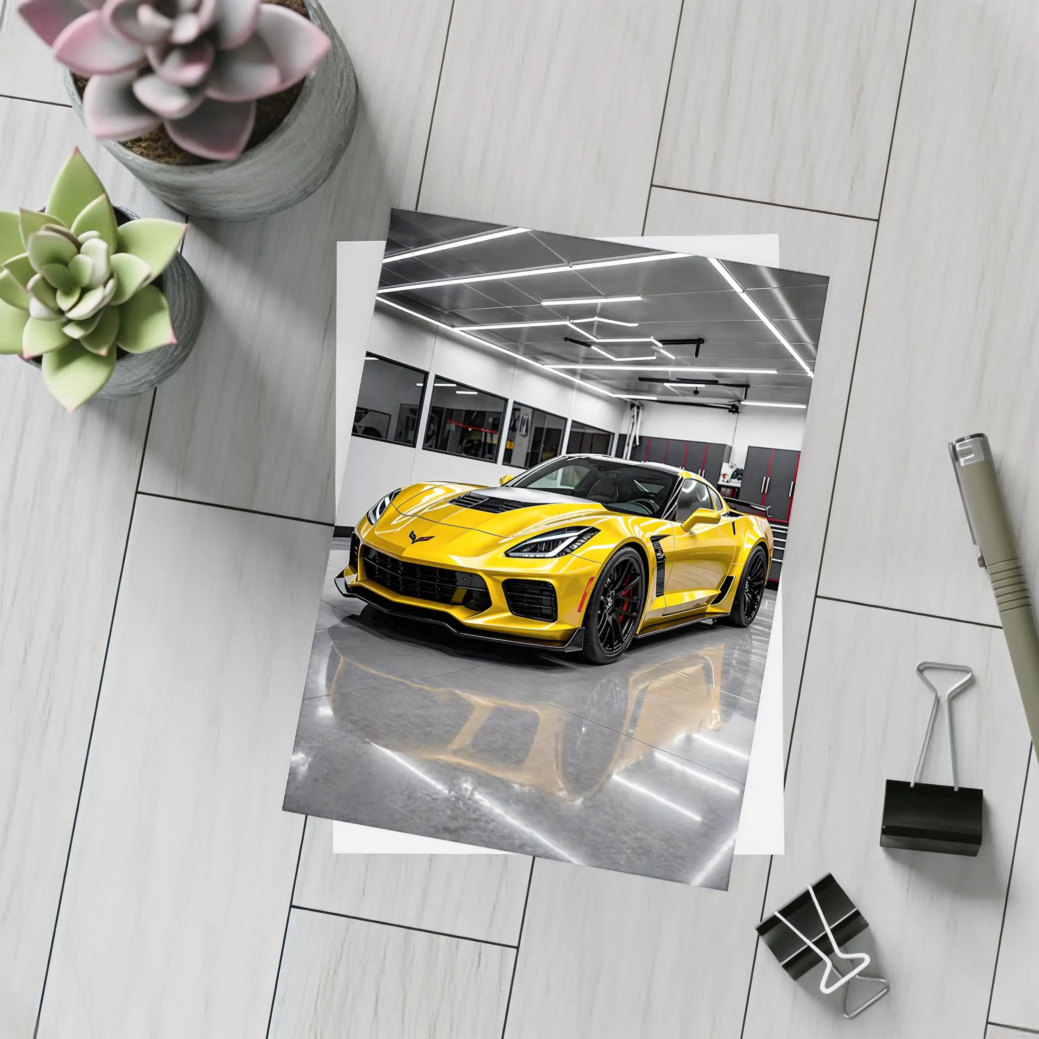 Yellow Chevrolet Corvette Z06 Inside Garage – Postcards
