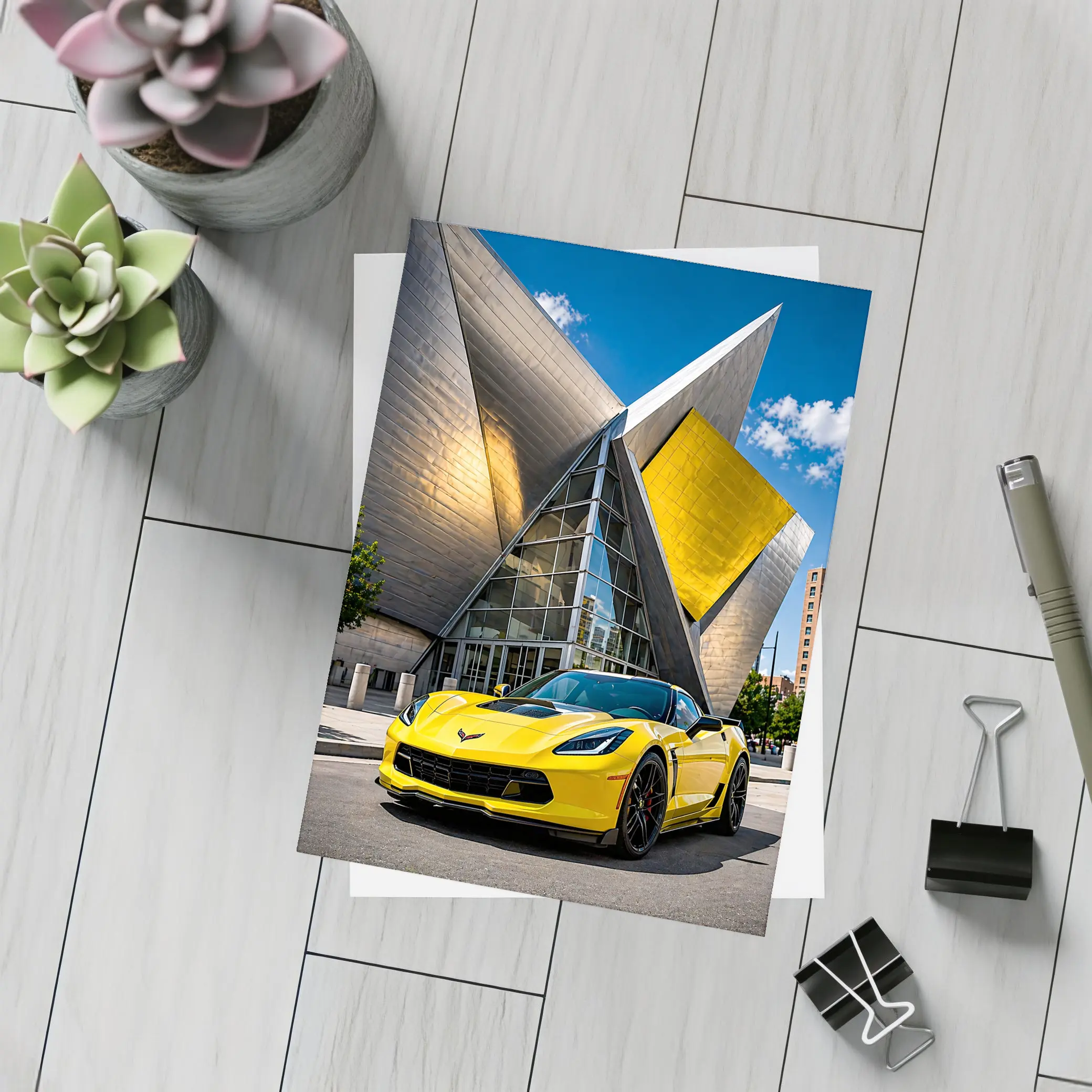 Yellow Chevrolet Corvette Denver Architecture Background – Postcards