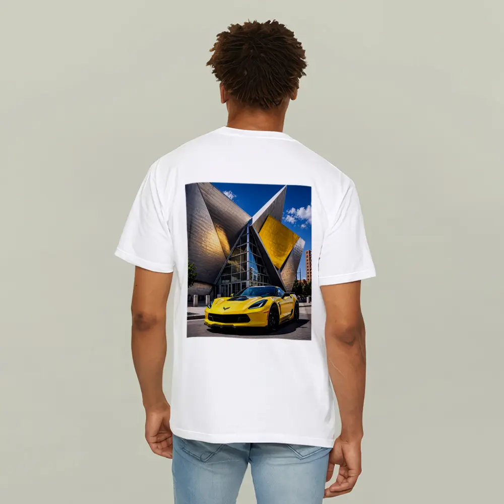 Yellow Chevrolet Corvette Denver Architecture Background – T-Shirts