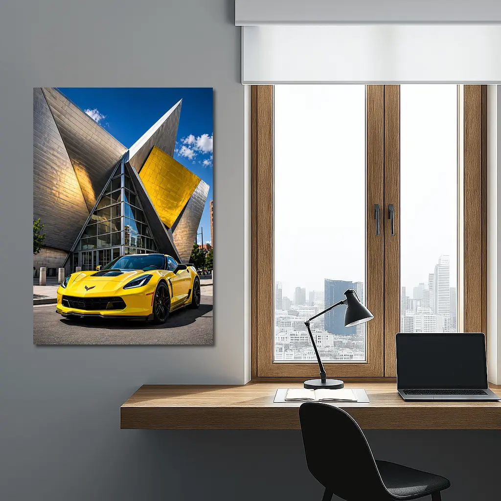 Yellow Chevrolet Corvette Denver Architecture Background – Wall Art