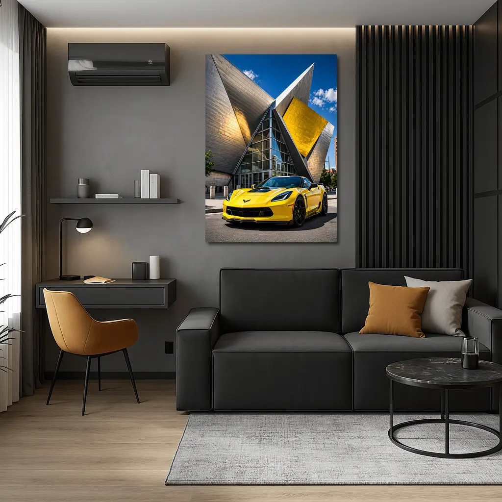 Yellow Chevrolet Corvette Denver Architecture Background – Wall Art