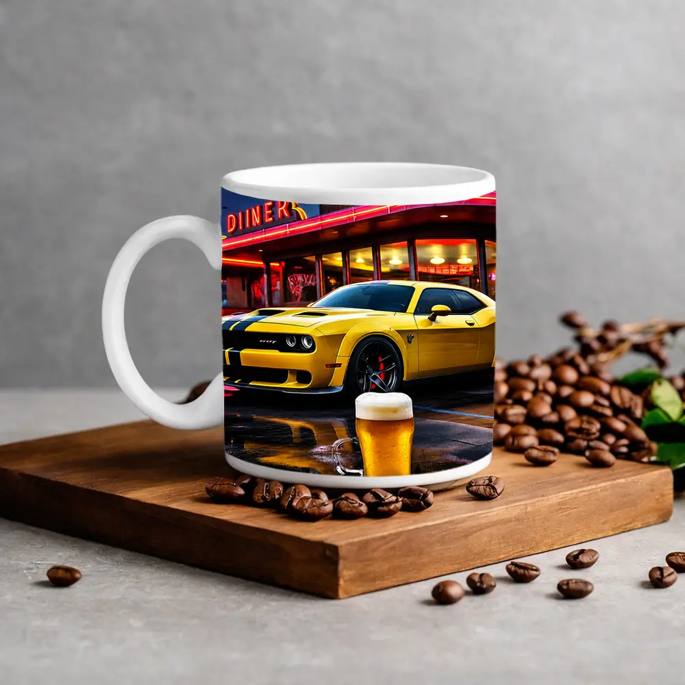 Dodge Challenger SRT Hellcat Neon Diner Night – Mugs