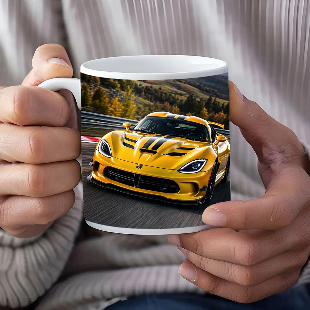 Yellow Dodge Viper Racing on Track – Mugs