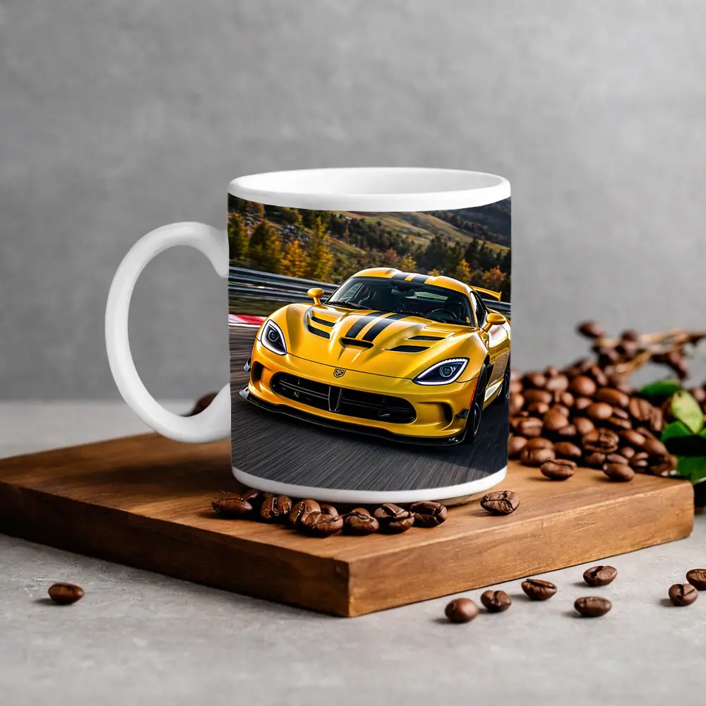 Yellow Dodge Viper Racing on Track – Mugs
