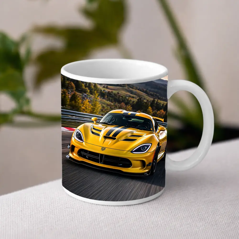 Yellow Dodge Viper Racing on Track – Mugs