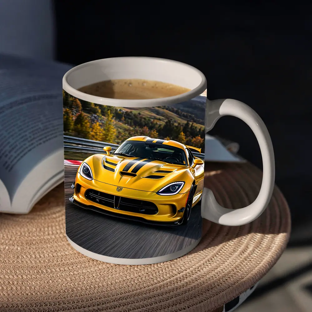 Yellow Dodge Viper Racing on Track – Mugs