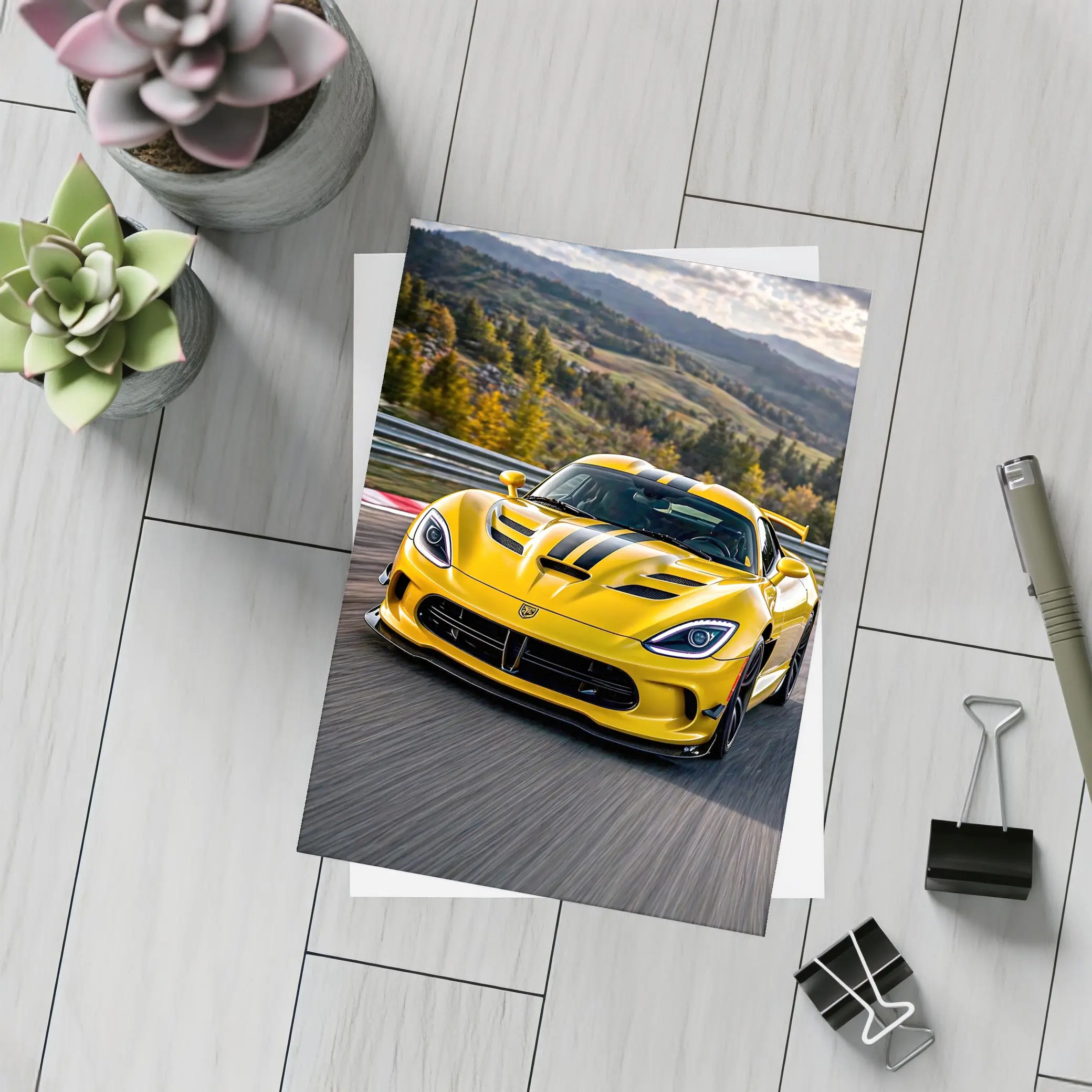 Yellow Dodge Viper Racing on Track – Postcards
