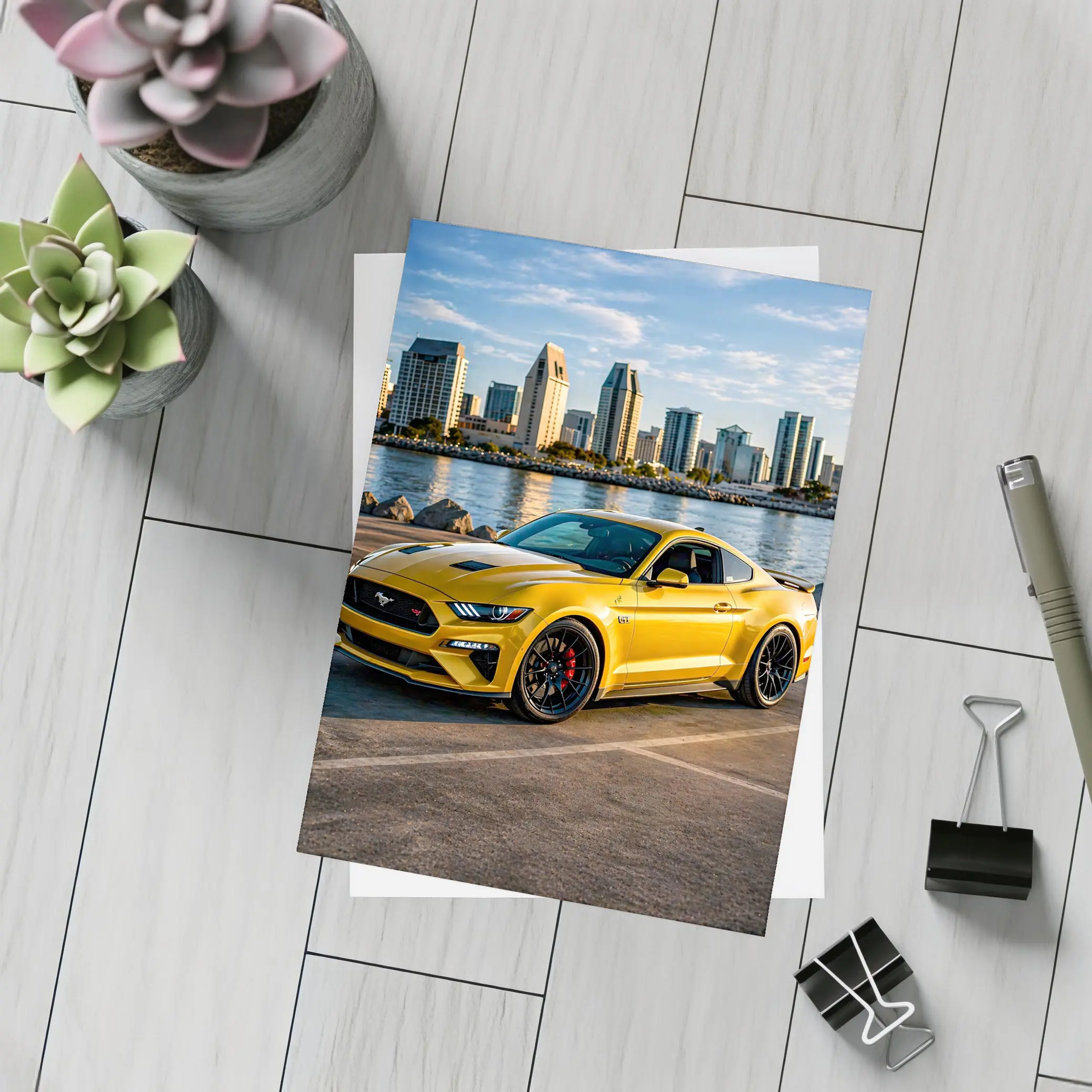 Ford Mustang GT Yellow City Waterfront – Postcards