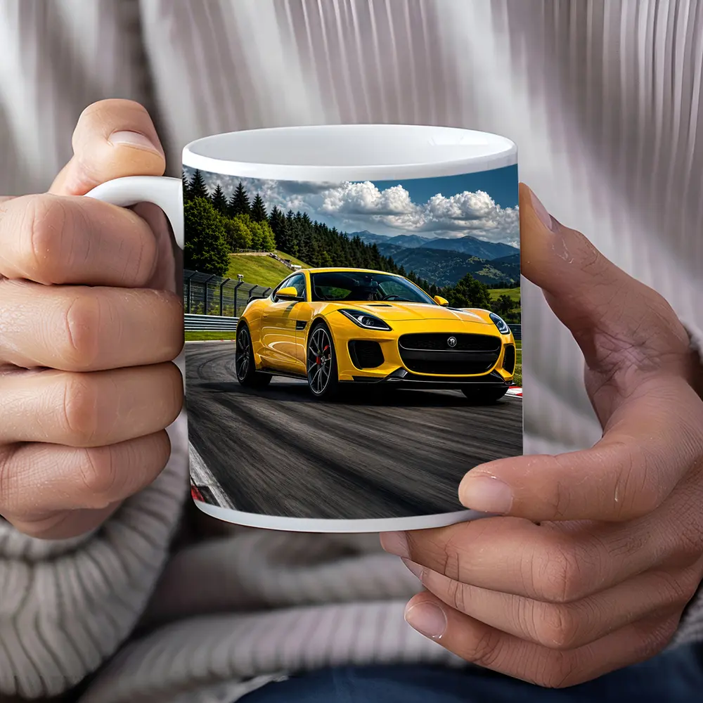 Yellow Jaguar F-Type Racing on Track – Mugs