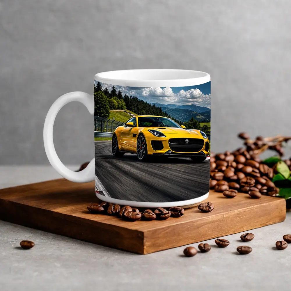 Yellow Jaguar F-Type Racing on Track – Mugs