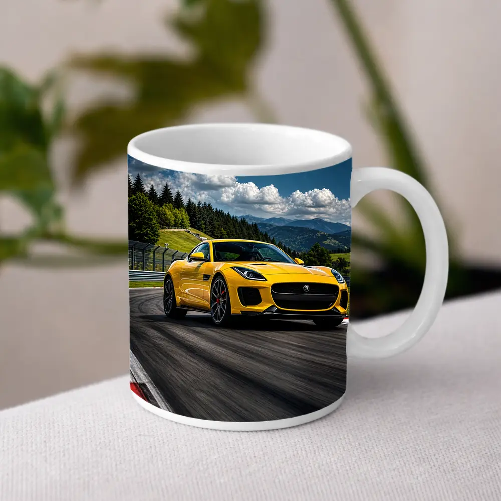 Yellow Jaguar F-Type Racing on Track – Mugs