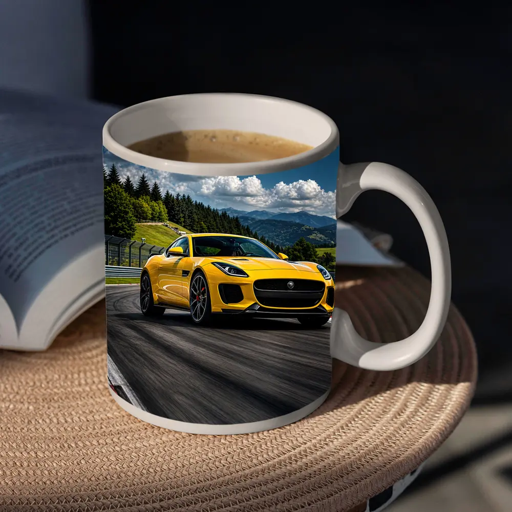 Yellow Jaguar F-Type Racing on Track – Mugs