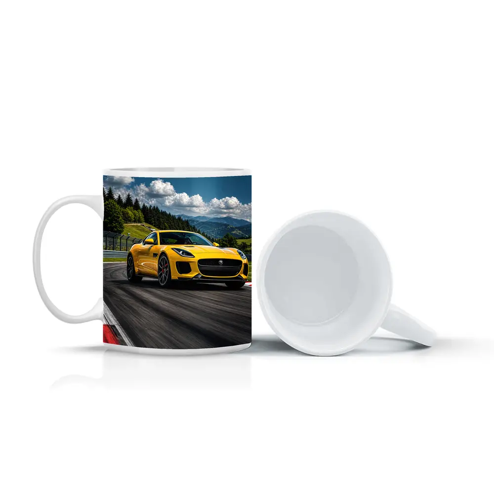 Yellow Jaguar F-Type Racing on Track – Mugs