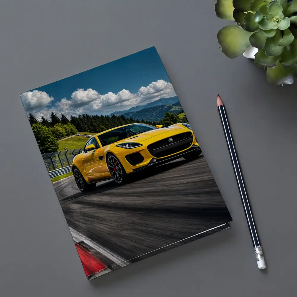 Yellow Jaguar F-Type Racing on Track – Notebooks