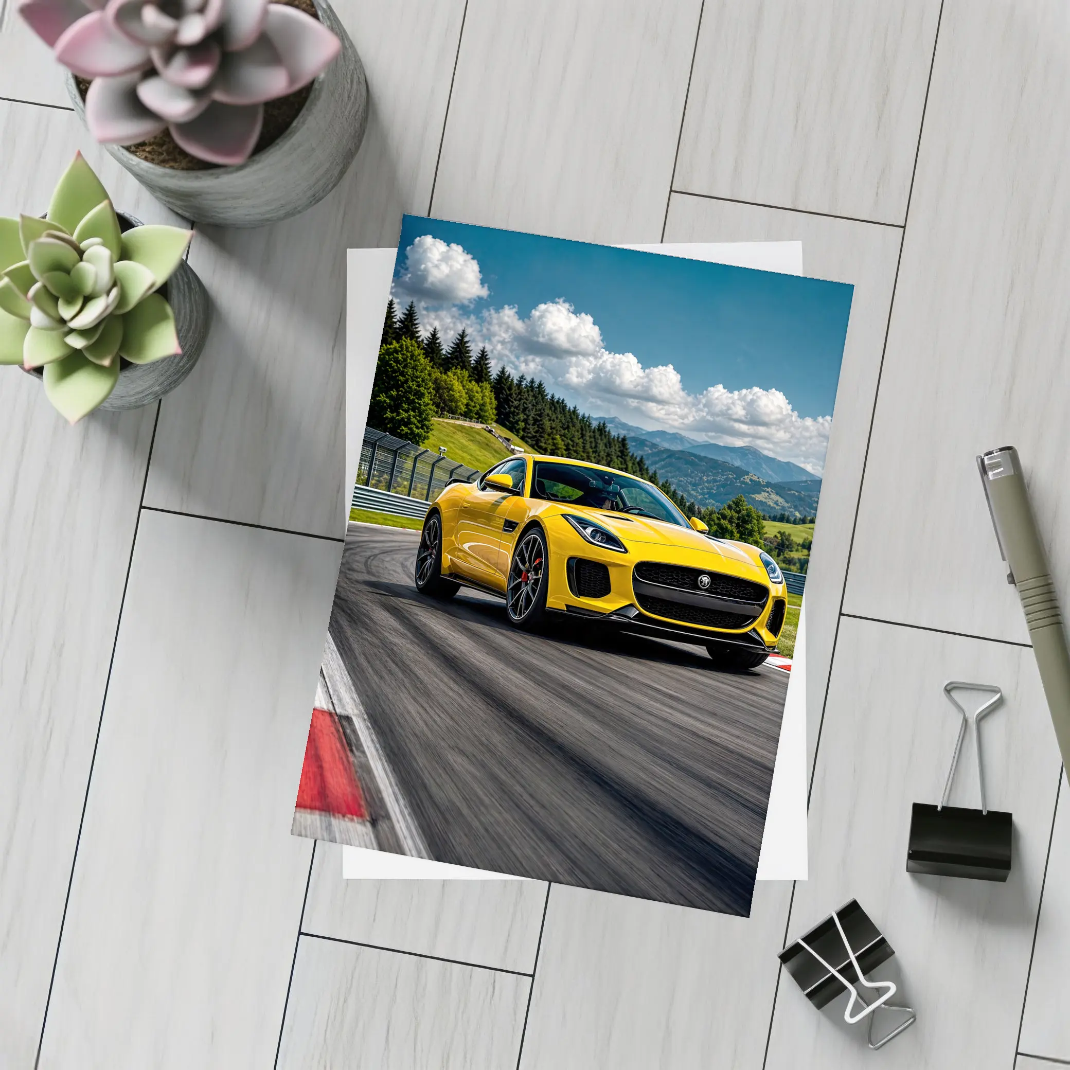 Yellow Jaguar F-Type Racing on Track – Postcards