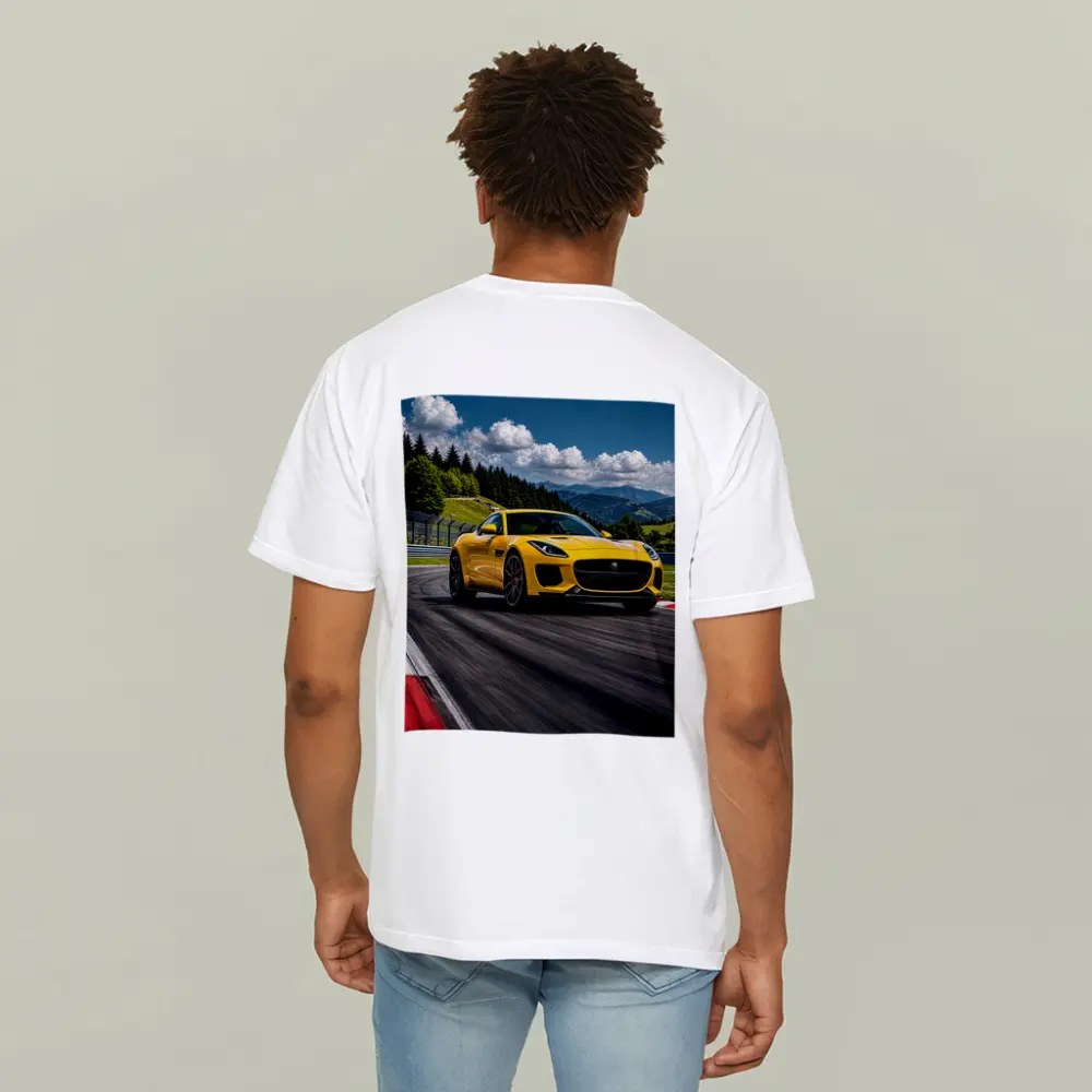Yellow Jaguar F-Type Racing on Track – T-Shirts