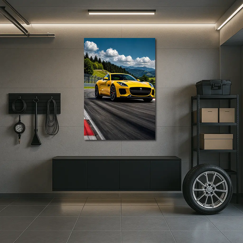 Yellow Jaguar F-Type Racing on Track – Wall Art