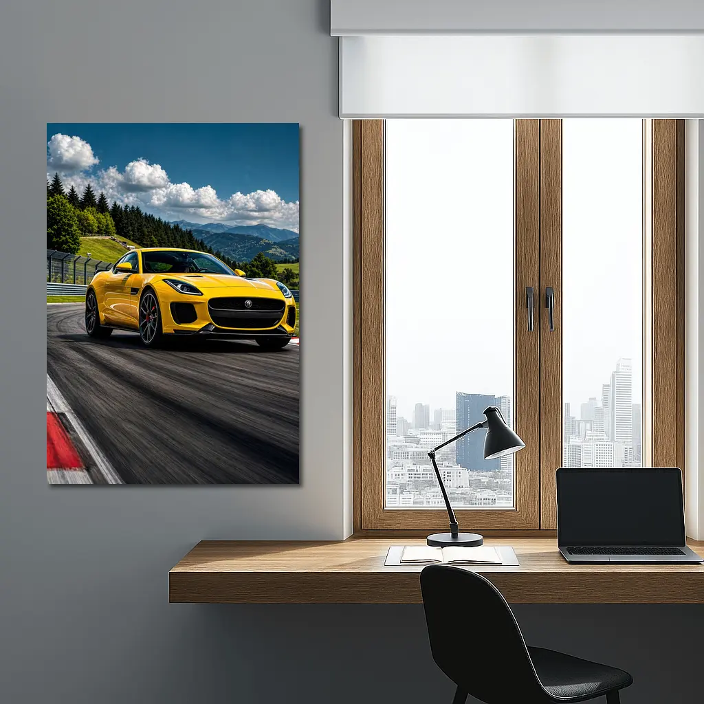 Yellow Jaguar F-Type Racing on Track – Wall Art