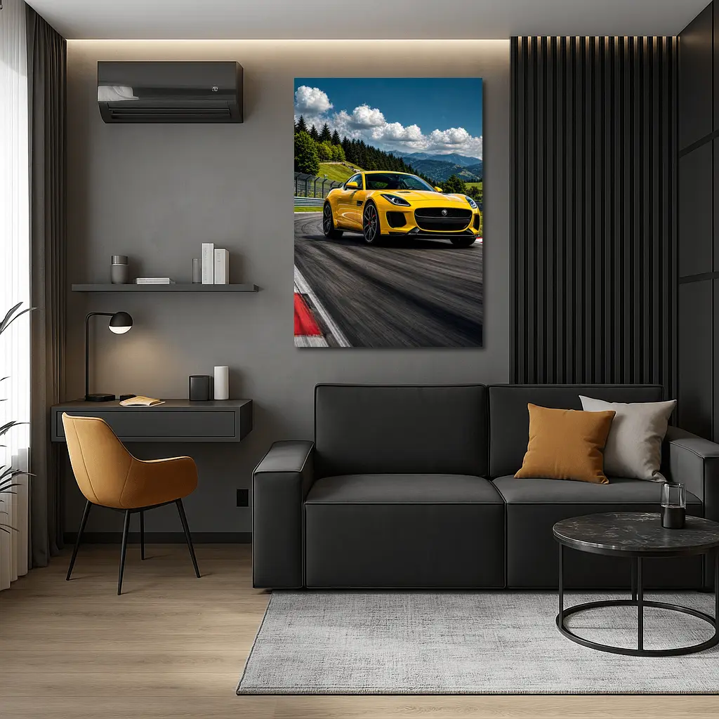 Yellow Jaguar F-Type Racing on Track – Wall Art