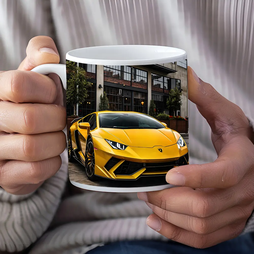 Yellow Lamborghini Huracan Urban Street Setting – Mugs