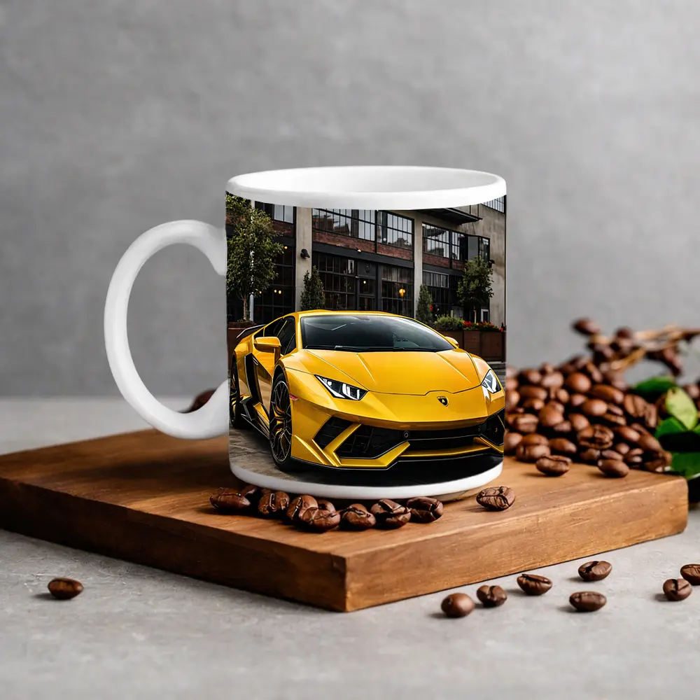 Yellow Lamborghini Huracan Urban Street Setting – Mugs