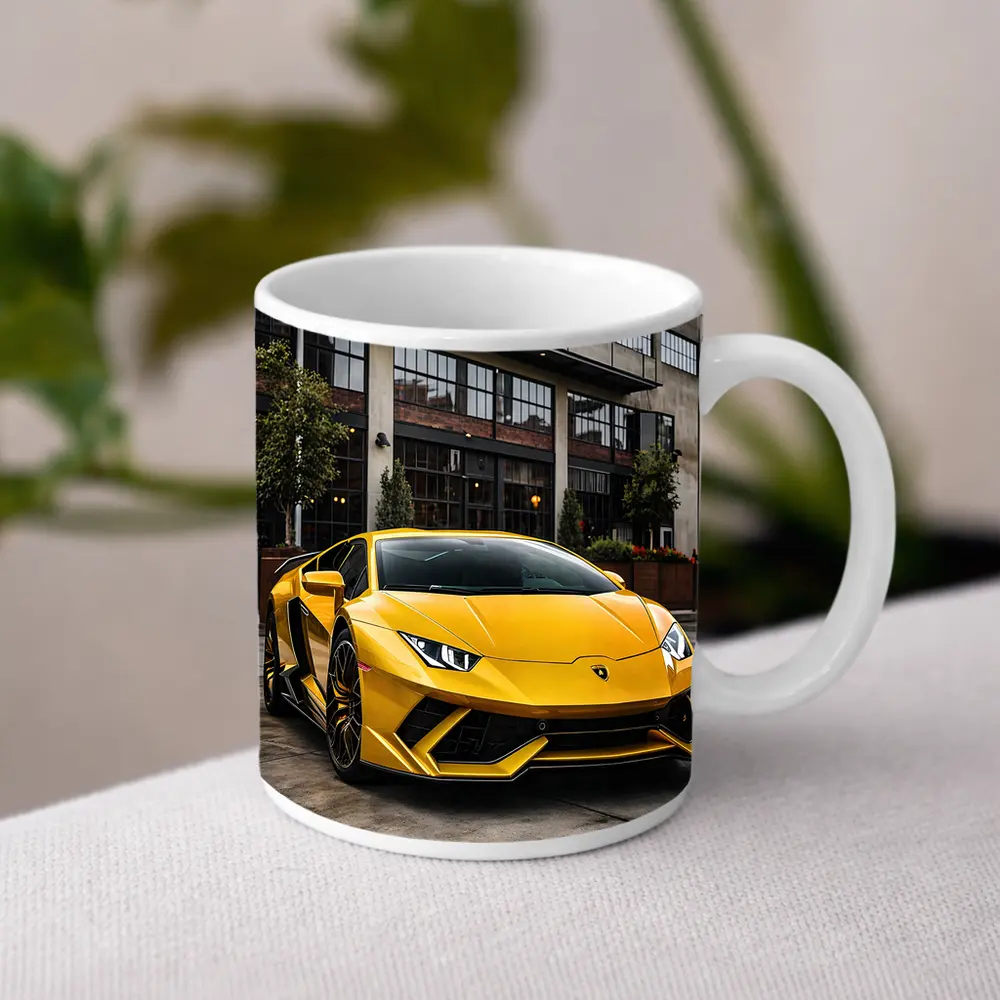 Yellow Lamborghini Huracan Urban Street Setting – Mugs