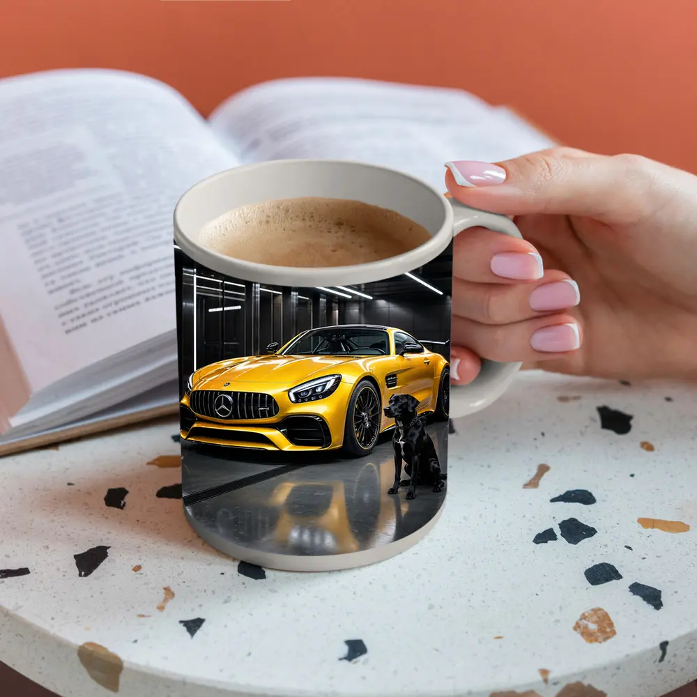 Yellow Mercedes AMG GT Black Labrador Garage – Mugs