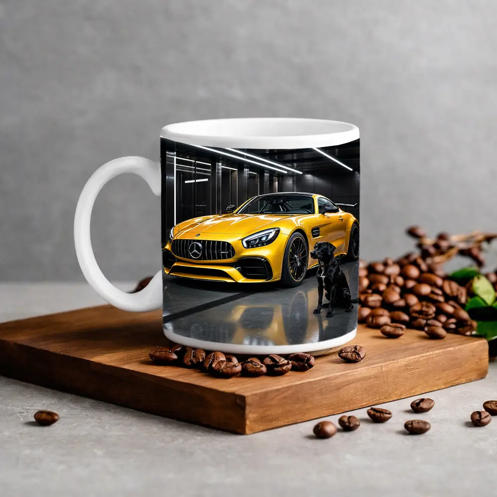 Yellow Mercedes AMG GT Black Labrador Garage – Mugs
