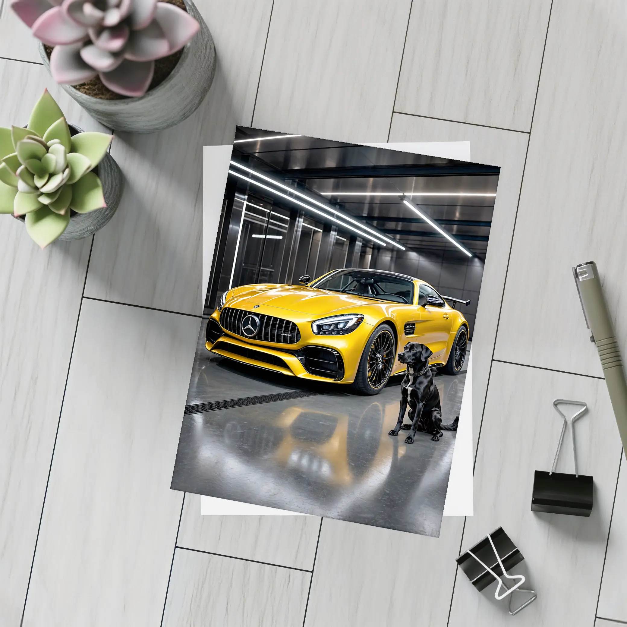 Yellow Mercedes AMG GT Black Labrador Garage – Postcards