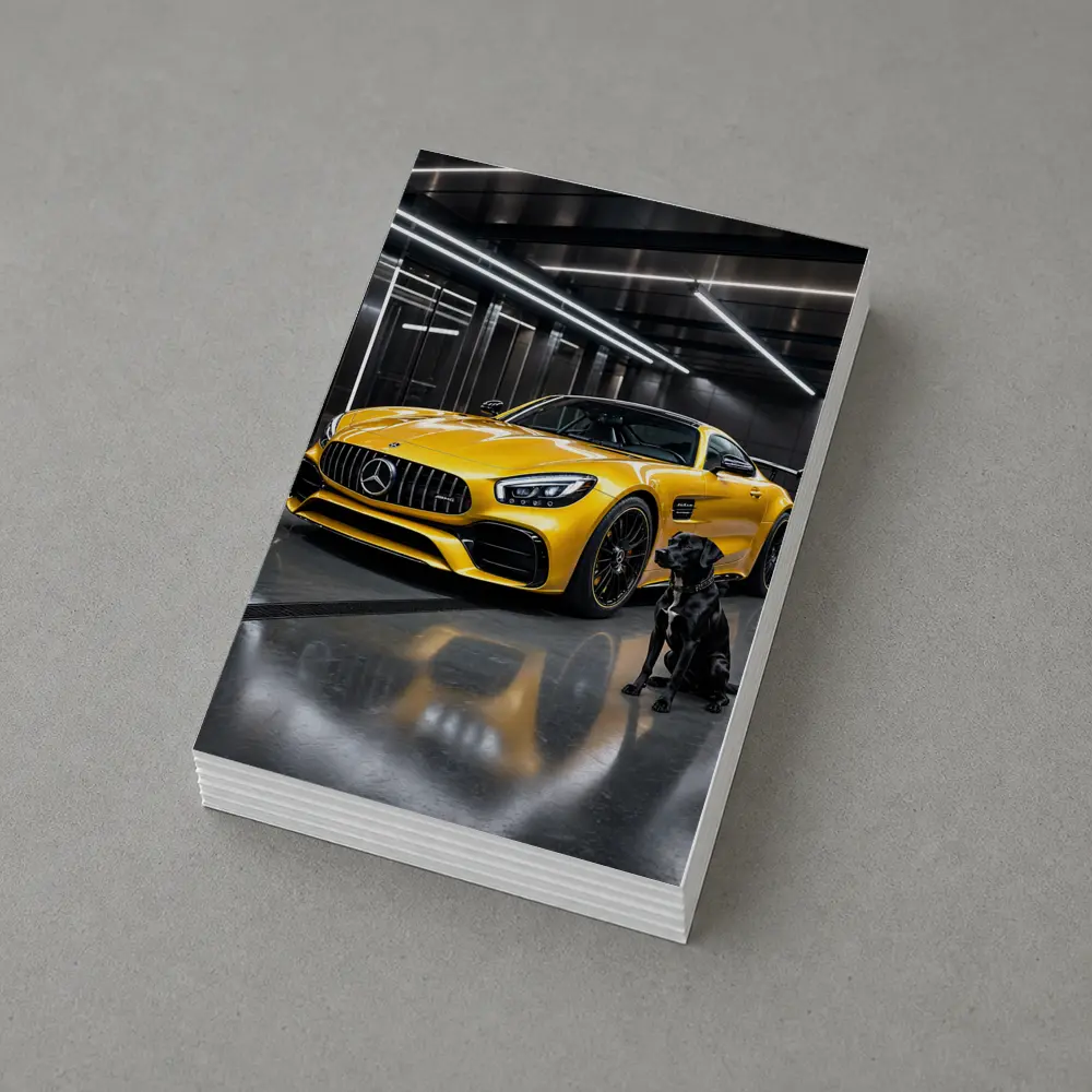Yellow Mercedes AMG GT Black Labrador Garage – Postcards