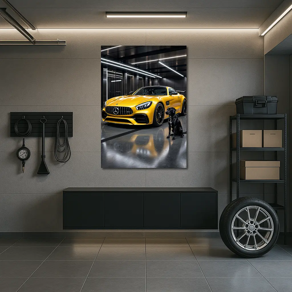 Yellow Mercedes AMG GT Black Labrador Garage – Wall Art