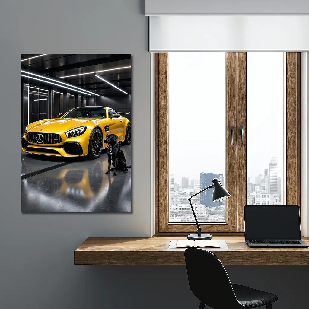 Yellow Mercedes AMG GT Black Labrador Garage – Wall Art