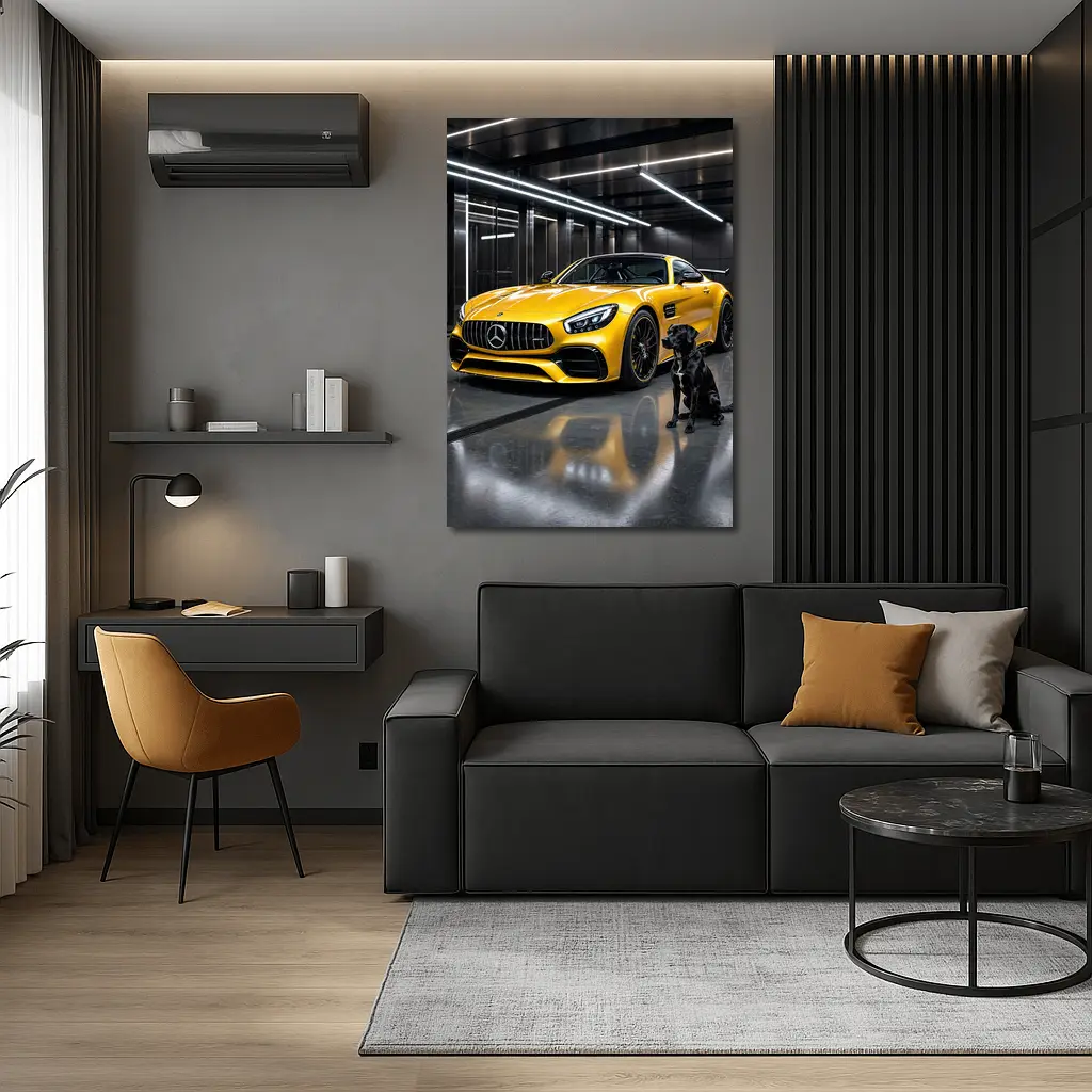 Yellow Mercedes AMG GT Black Labrador Garage – Wall Art