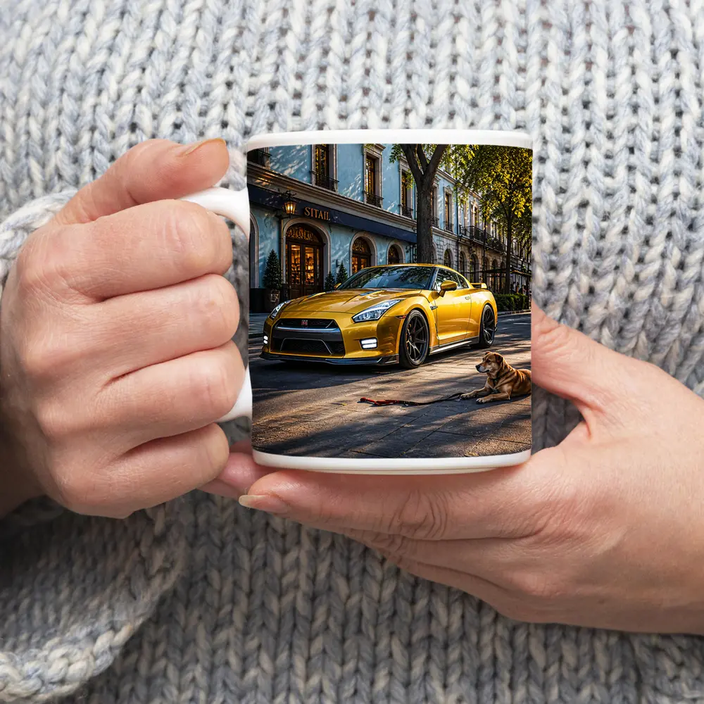 Gold Nissan GT-R Sports Car Street Dog – Mugs