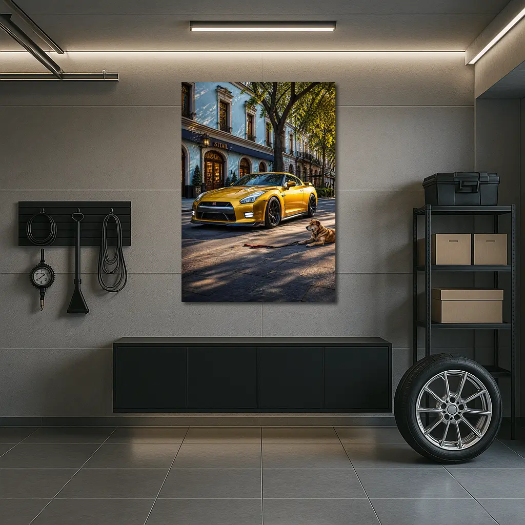 Gold Nissan GT-R Sports Car Street Dog – Wall Art