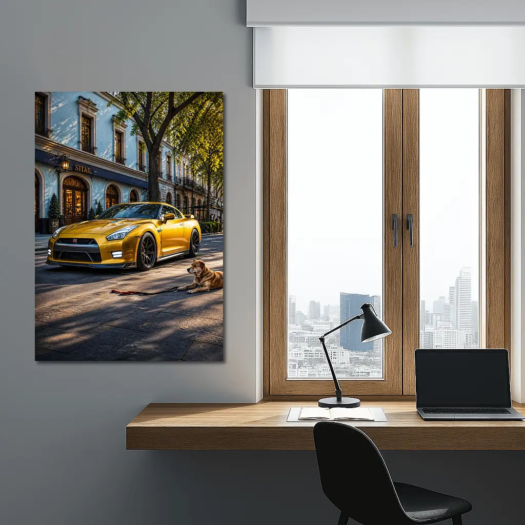 Gold Nissan GT-R Sports Car Street Dog – Wall Art