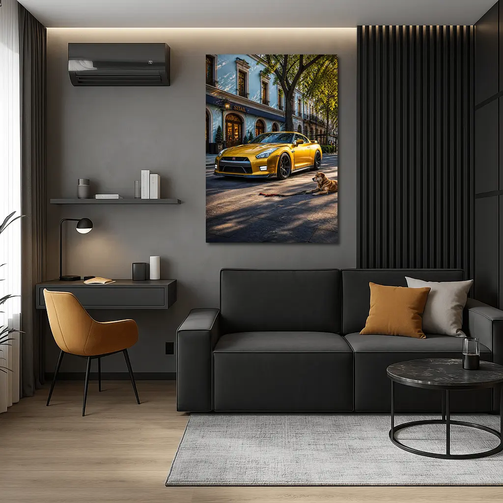 Gold Nissan GT-R Sports Car Street Dog – Wall Art