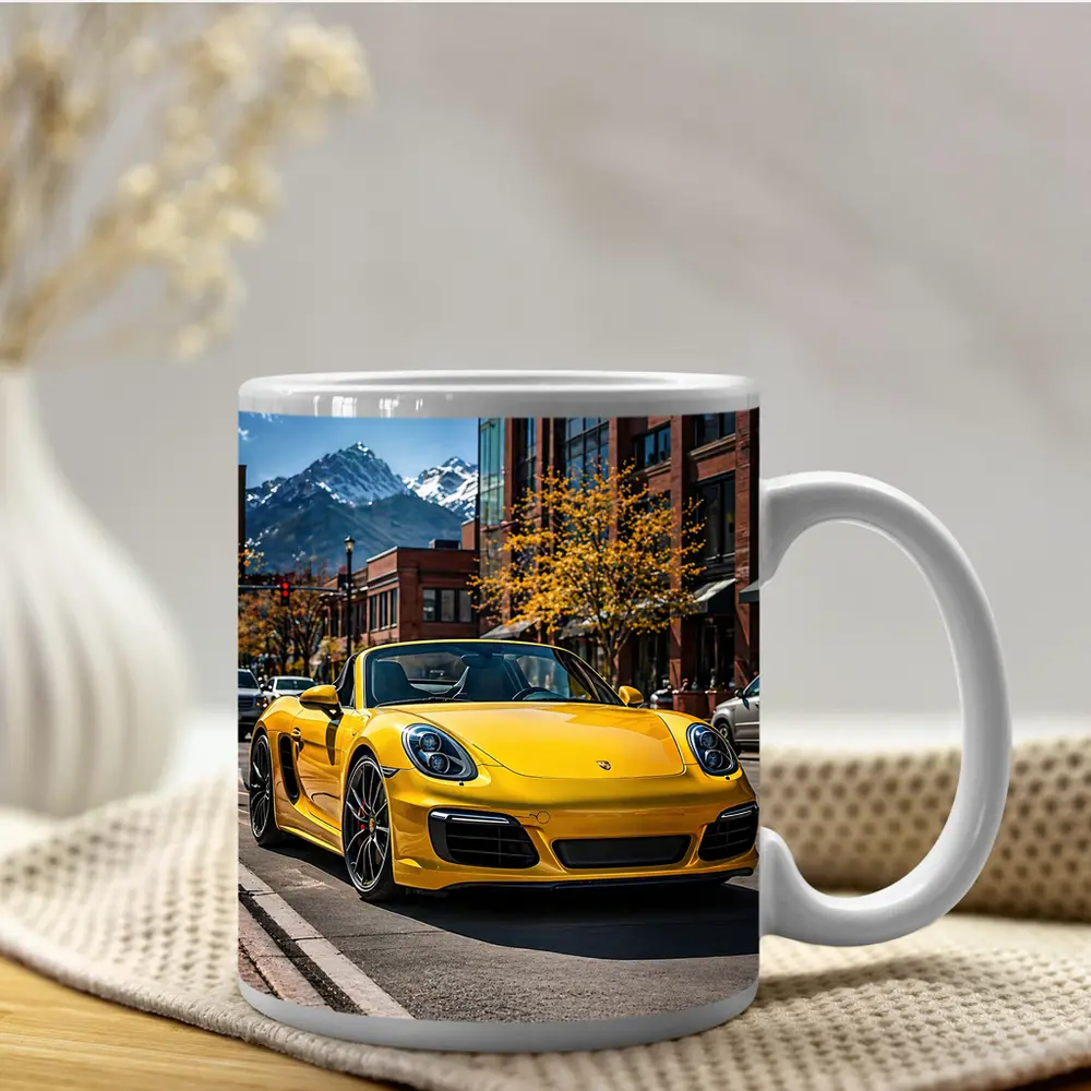 Yellow Porsche Boxster On City Street – Mugs
