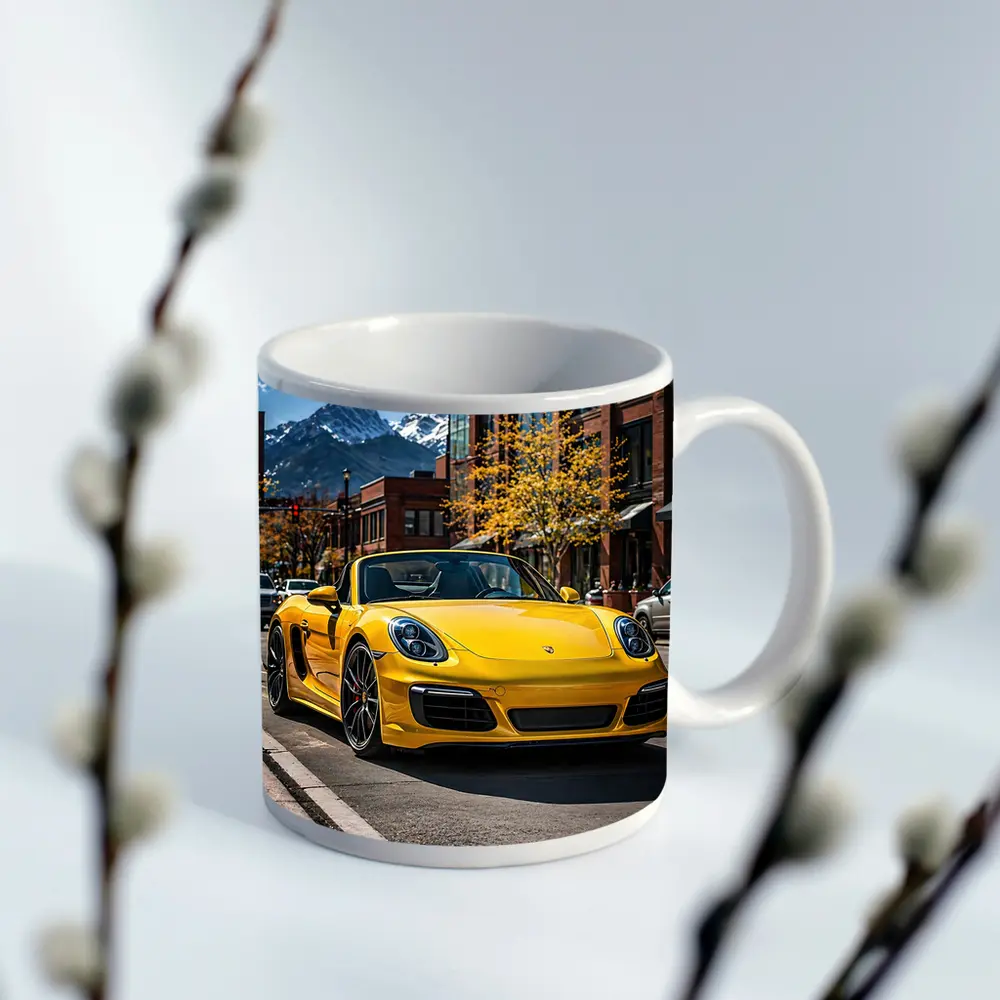 Yellow Porsche Boxster On City Street – Mugs