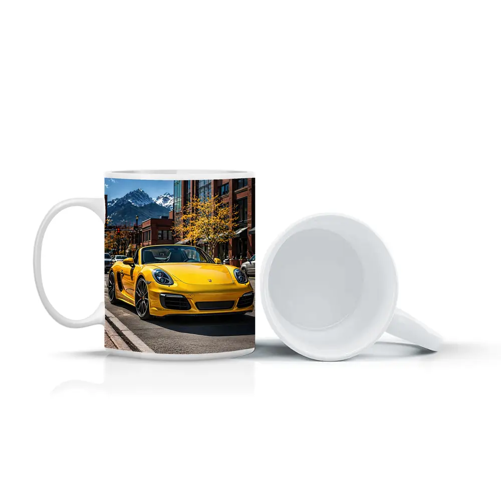 Yellow Porsche Boxster On City Street – Mugs