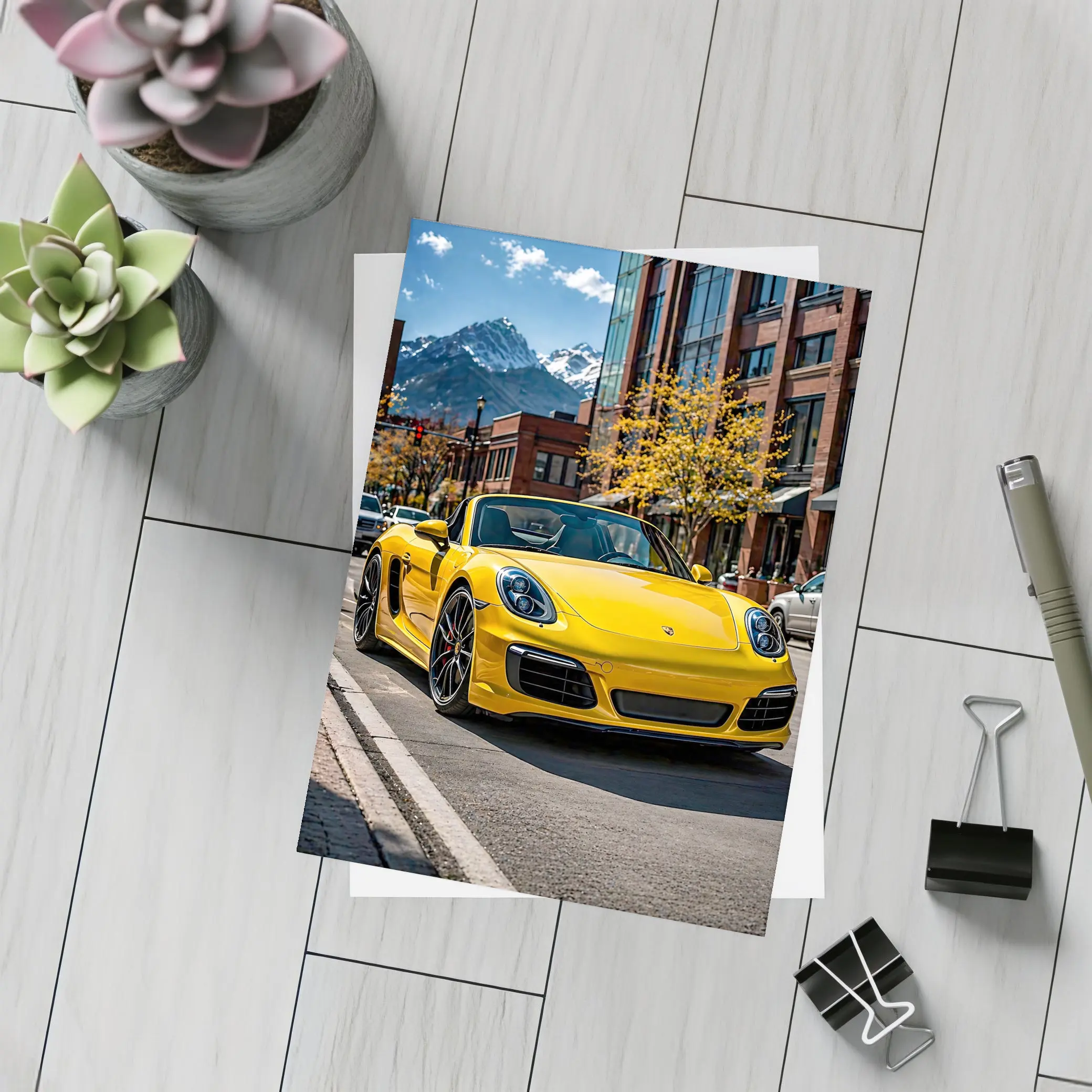 Yellow Porsche Boxster On City Street – Postcards