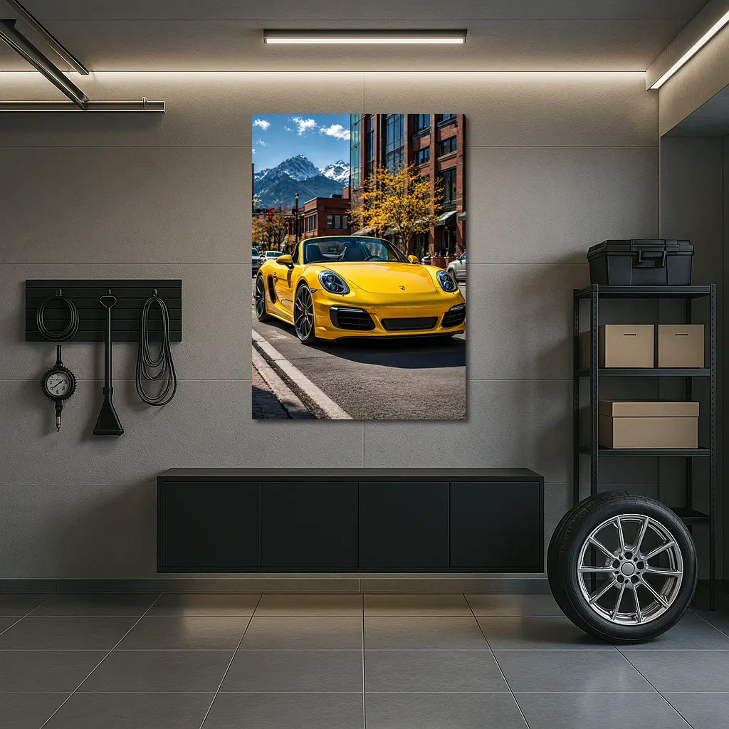 Yellow Porsche Boxster On City Street – Wall Art