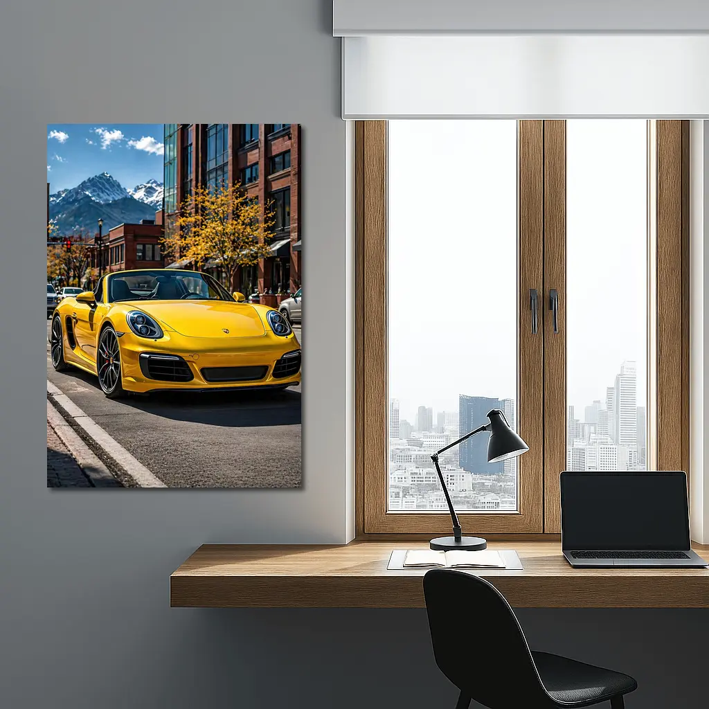 Yellow Porsche Boxster On City Street – Wall Art