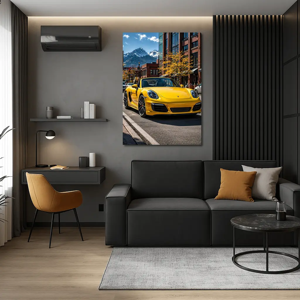 Yellow Porsche Boxster On City Street – Wall Art