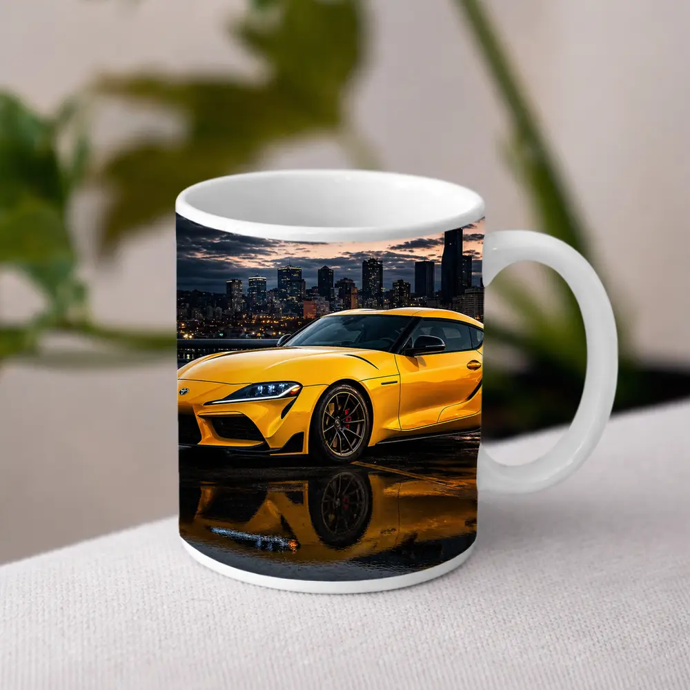 Yellow Toyota Supra City Night Reflection – Mugs