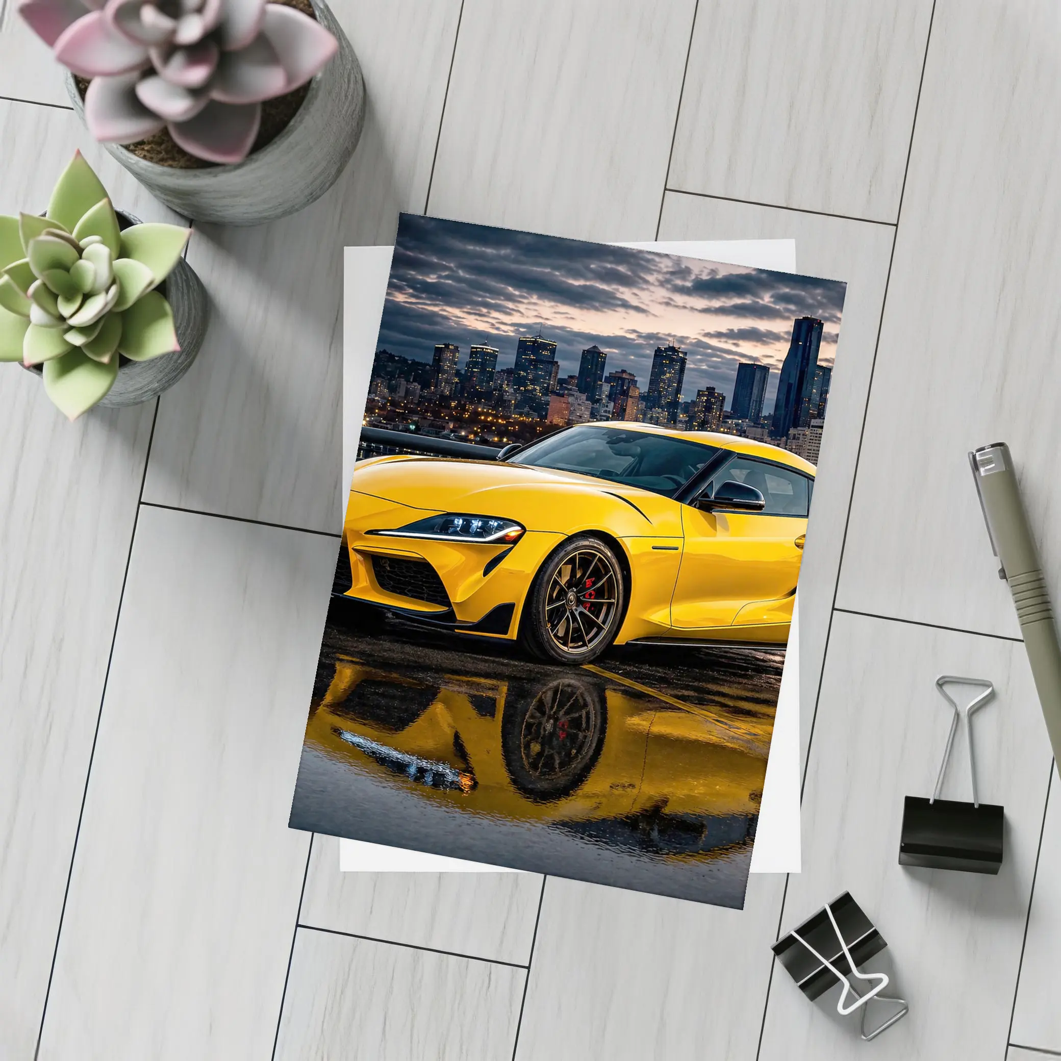 Yellow Toyota Supra City Night Reflection – Postcards