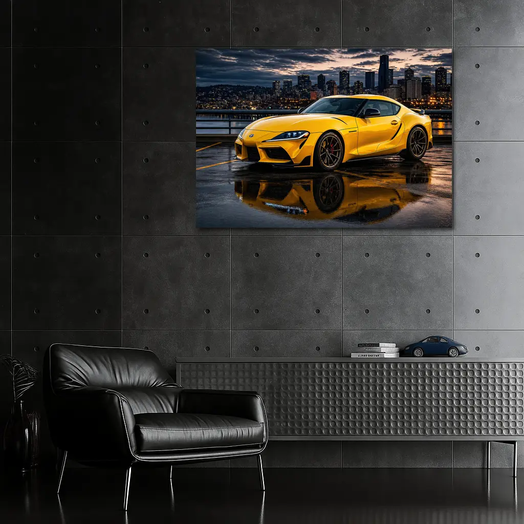 Yellow Toyota Supra City Night Reflection – Wall Art
